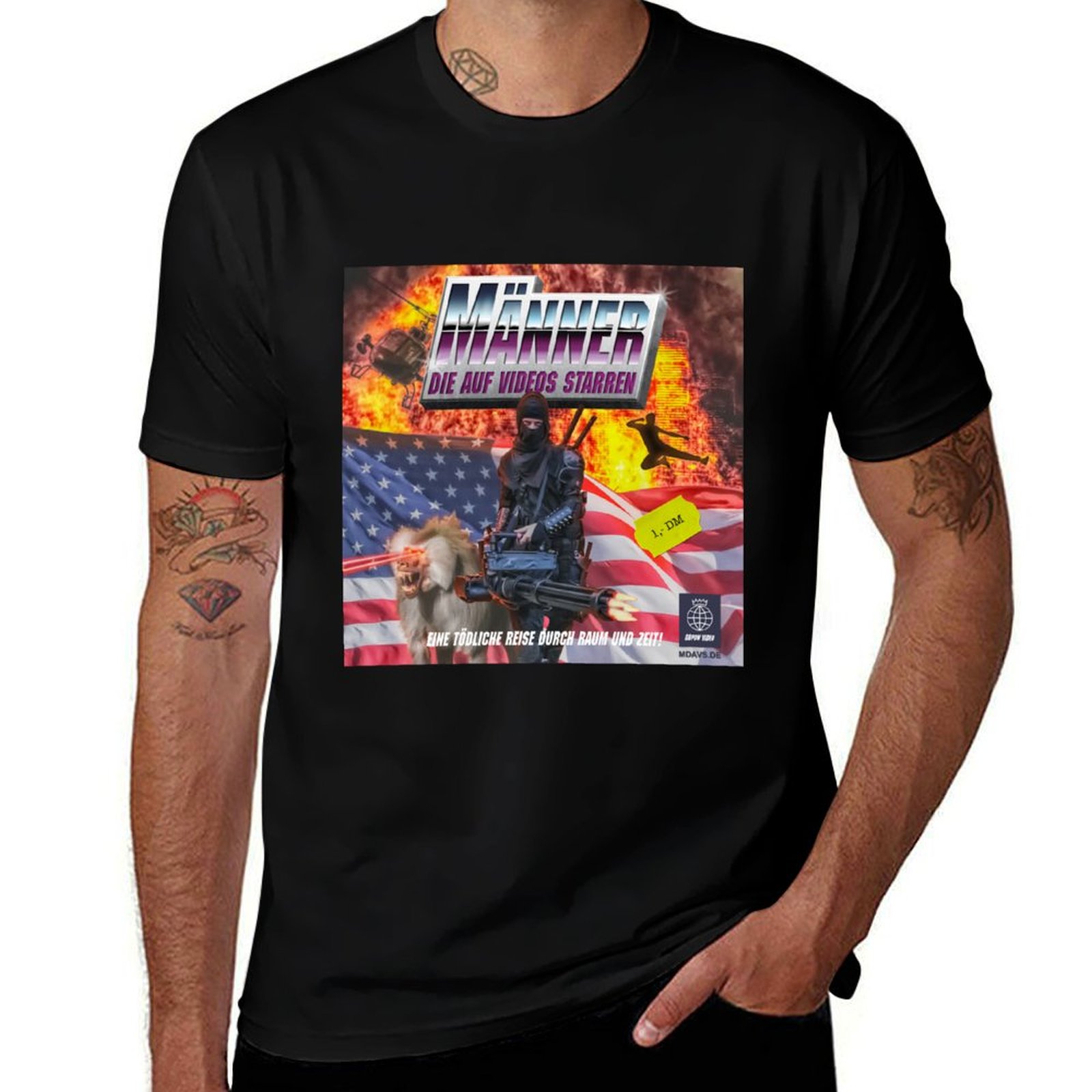 Industrial Laser Printing - 忍者マスターと彼のレーザーババーンが描かれたTシャツ、作業用Tシャツ、Tシャツ